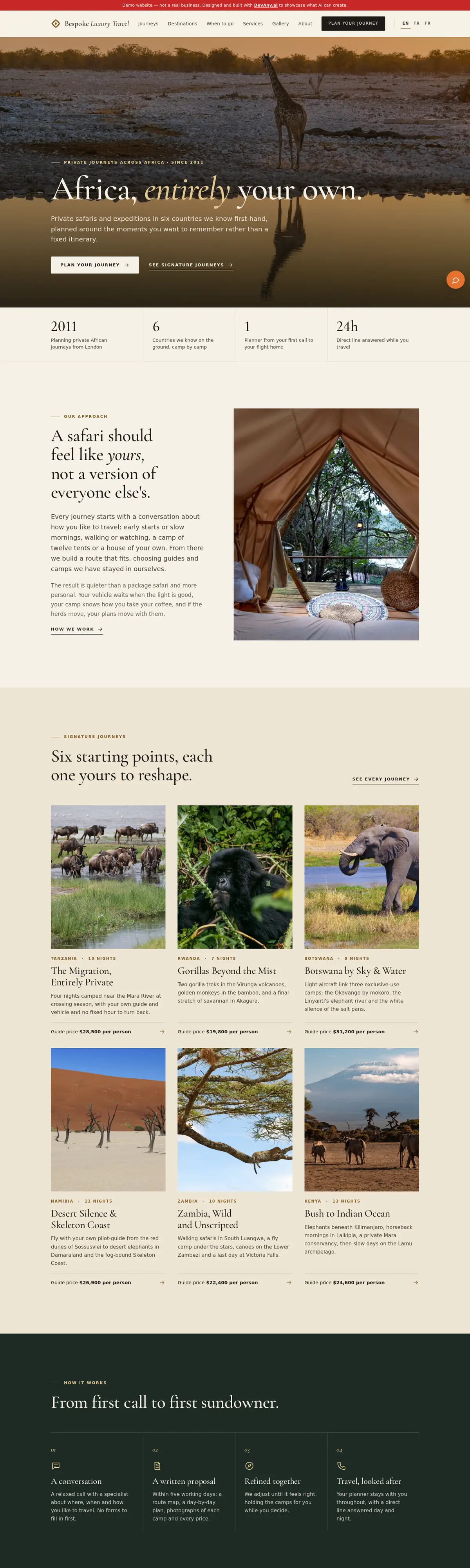 Bespoke Luxury Travel home page, full-page screenshot